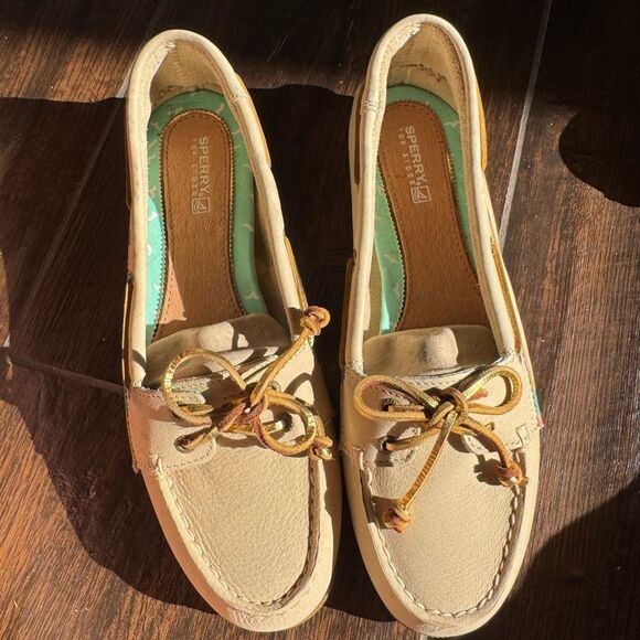 Sperry Top-Sider Angelfish Boat Shoes Beige Leather Gold Laces NWT SZ 8.5 - Picture 9 of 13